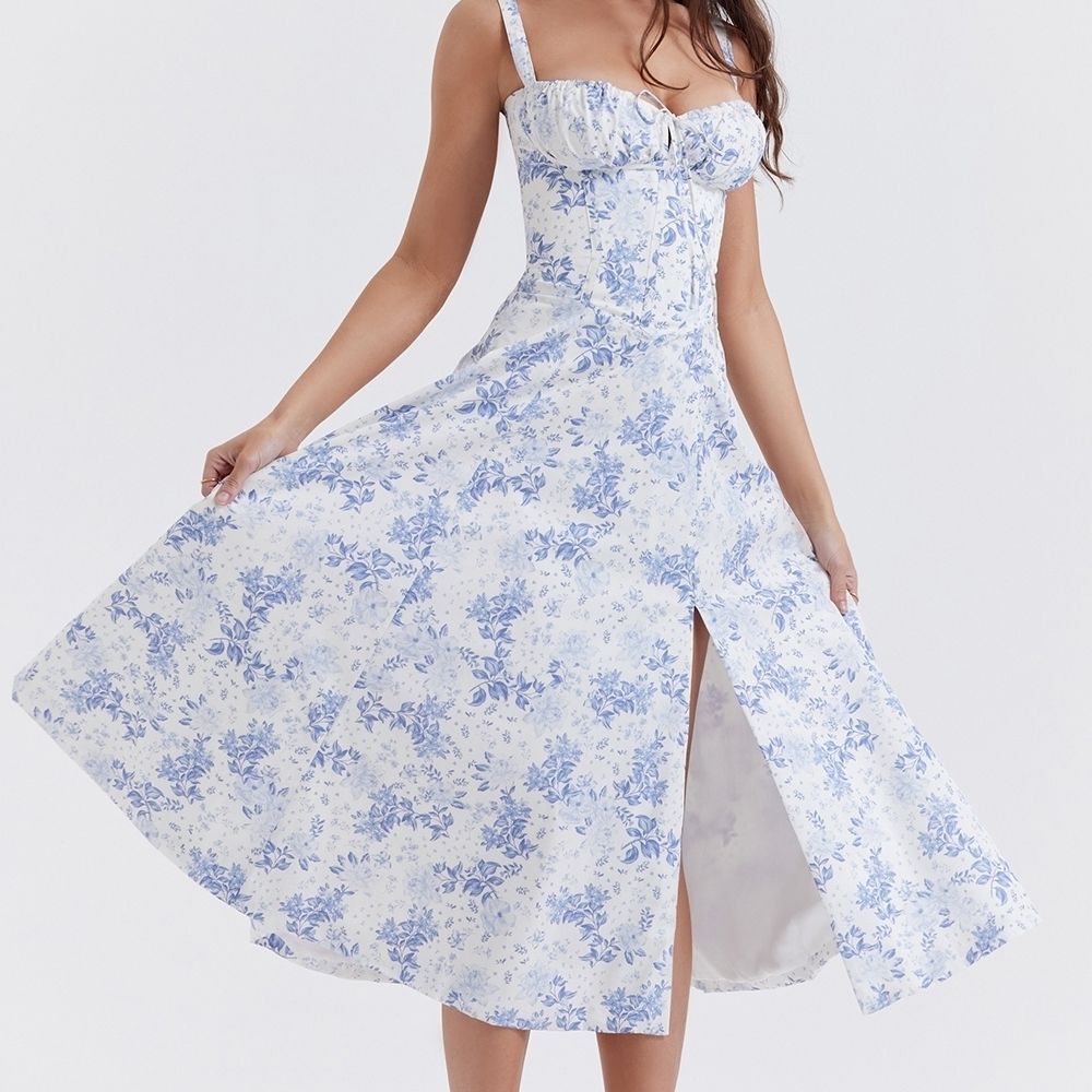 House of CB White and Light Blue Floral Midi Dress